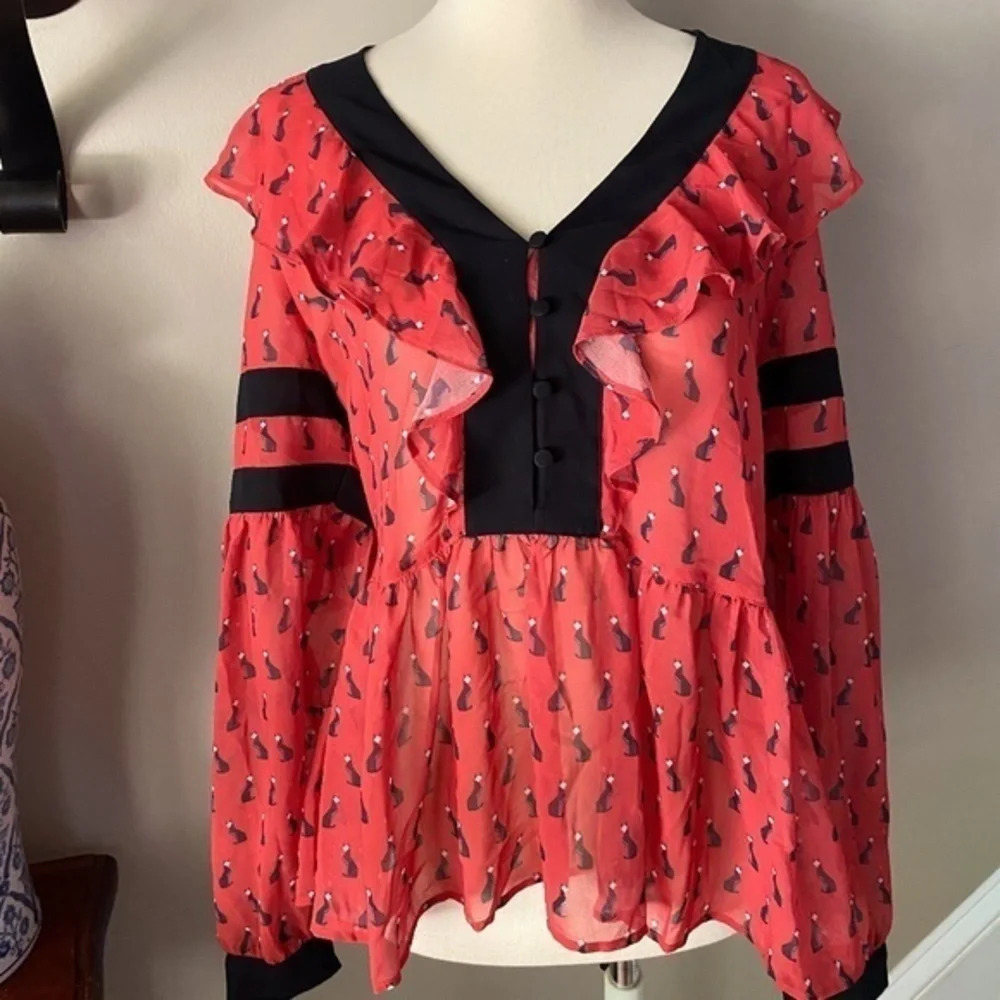 NWOT Anthropologie LAIA Black Cat Print Francesca Top. Small